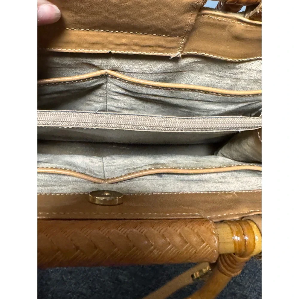 Brahmin Vintage Palm Tree Bamboo Handle Woven Leather Satchel Shoulder Bag Brown